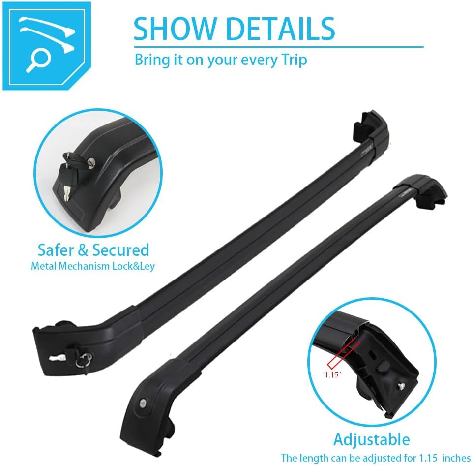 Lockable Roof Rails & Cross Bars for Mazda CX9 CX-9 2016-2023, 2 Side Rails & 2 Roof Racks, Deepace All Black Rooftop Accessories