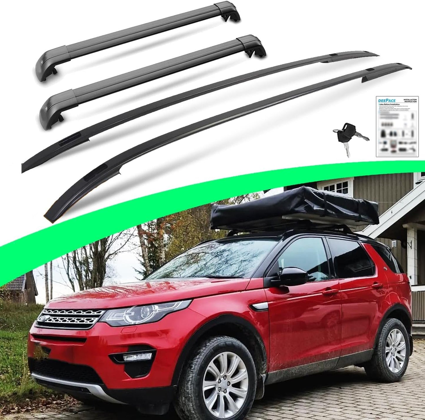 Lockable Roof Rails & Cross Bars for LR Discovery Sport, 2 Side Rails & 2 Roof Racks, Deepace All Black Rooftop Accessories (2014-2025)