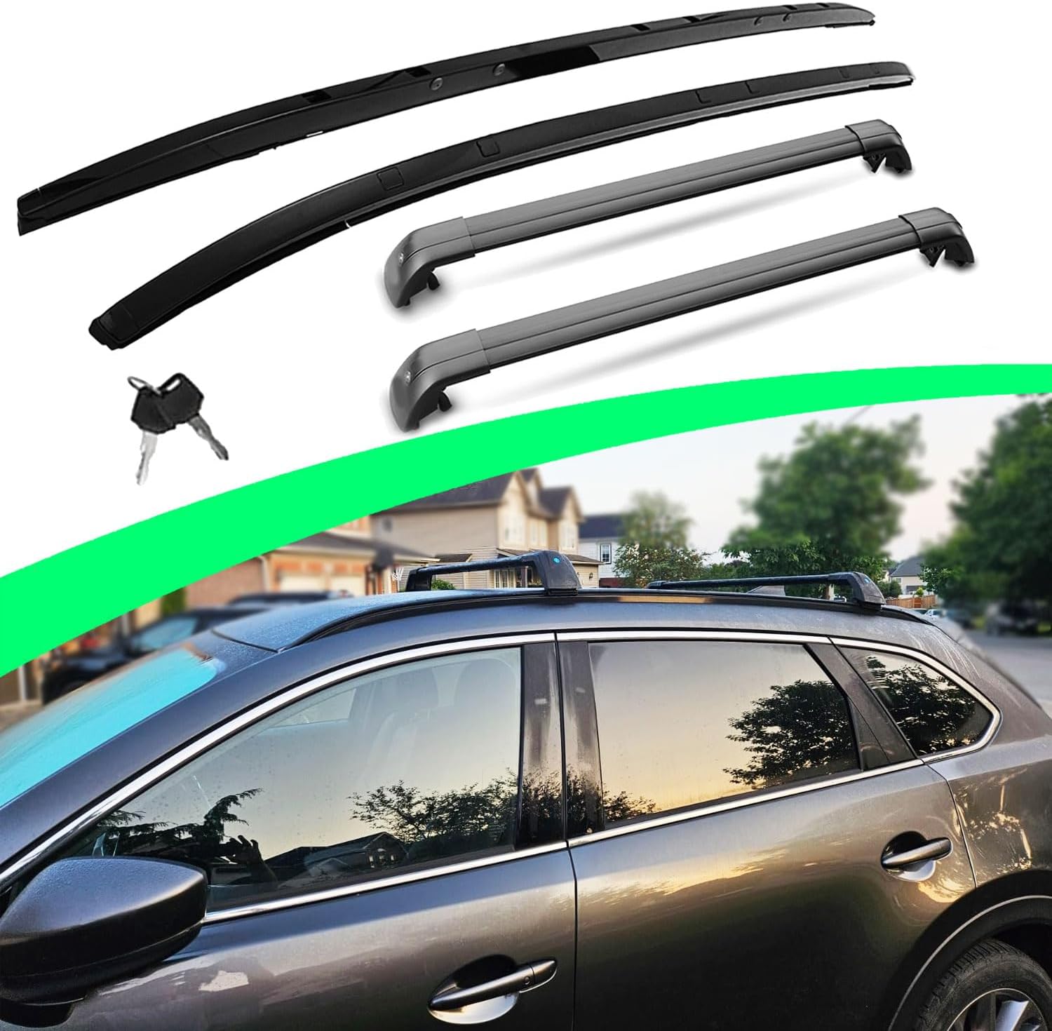 Lockable Roof Rails & Cross Bars for Mazda CX9 CX-9 2016-2023, 2 Side Rails & 2 Roof Racks, Deepace All Black Rooftop Accessories