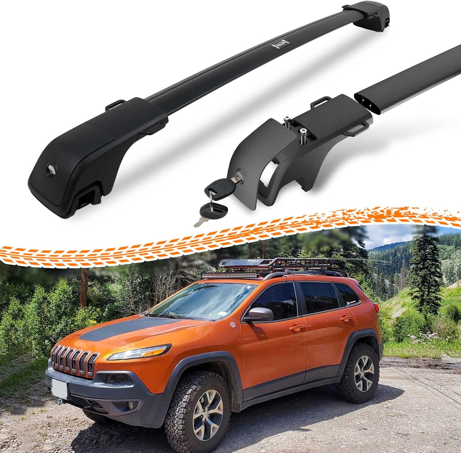 330LBS Lockable Roof Rack Cross Bars for Jeep Cherokee 2014-2023 with Raised Side Rails, 2-Hole 2-Screw Mounting & Custom Fit Design